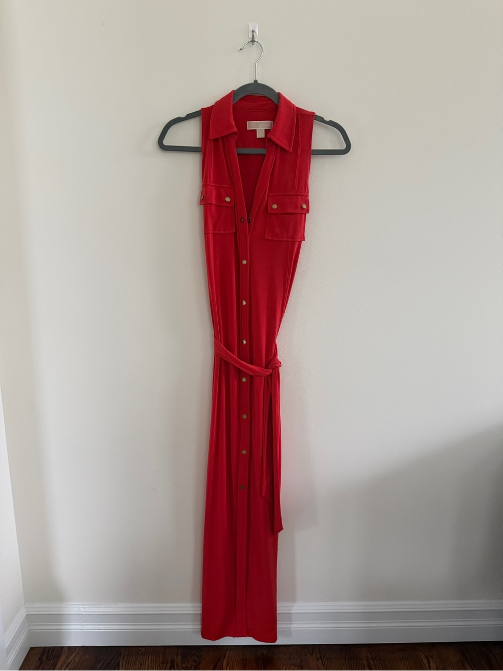 Michael Kors Sleeveless Red Snap-Front Maxi Dress with Belt